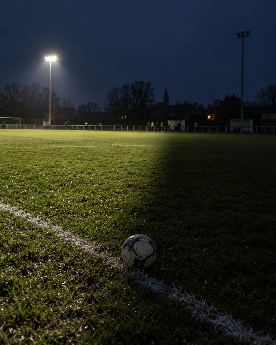 Illustratie van een bal op een deels donker voetbalveld terwijl spelers wachten aan de zijlijn