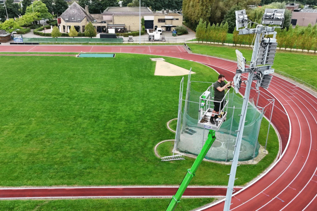 Installatie van LED-armaturen op een verlichtingsmast bij een atletiekpiste.