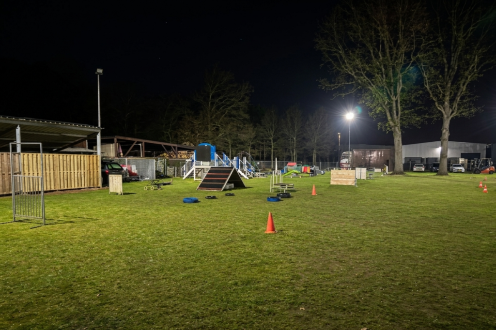 Helder verlicht hondenschoolterrein met agility-materiaal en LED-masten tijdens een avondtraining.