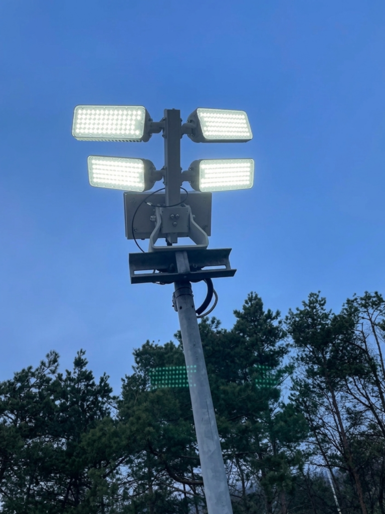 Moderne LED-sportarmaturen op een verlichtingsmast tegen een blauwe hemel, geïnstalleerd voor een paardenpiste of buitenterrein.